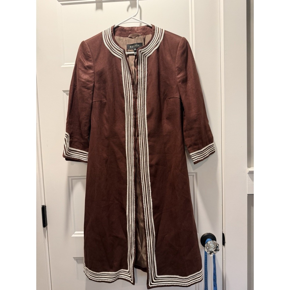 ESCADA Vintage 100% Linen Duster Coat Jacket 36 US 6 Brown Cream Soutache Trim